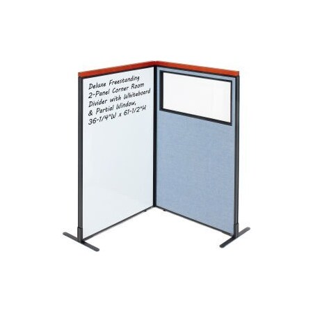 Global Equipment Interion Deluxe Freestanding 2-Panel Corner w/Whiteboard Partial Window 36-1/4Wx61-1/2H Blue 695179BL